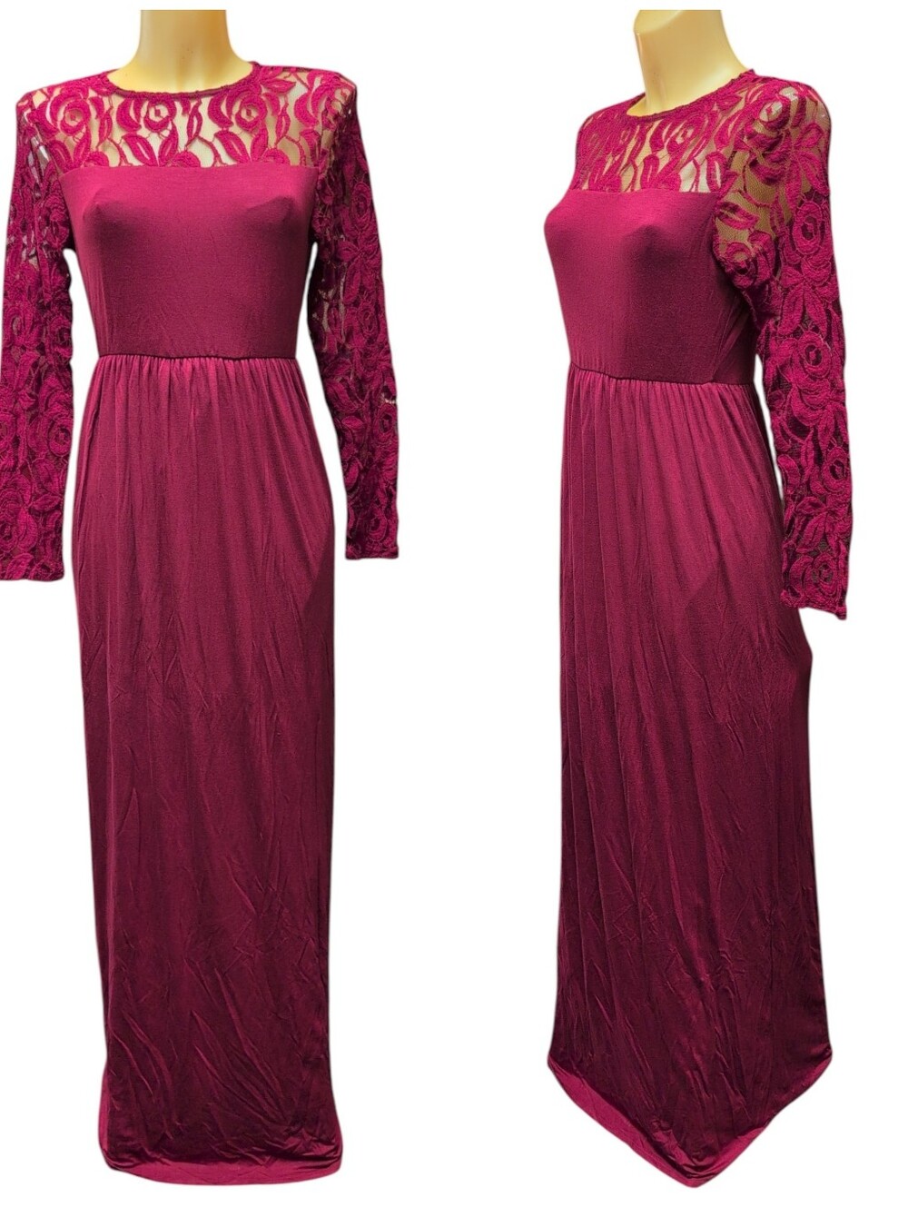 PINKBLUSH NWT Burgundy Maxi Dress With Crochet Lace Sleeves